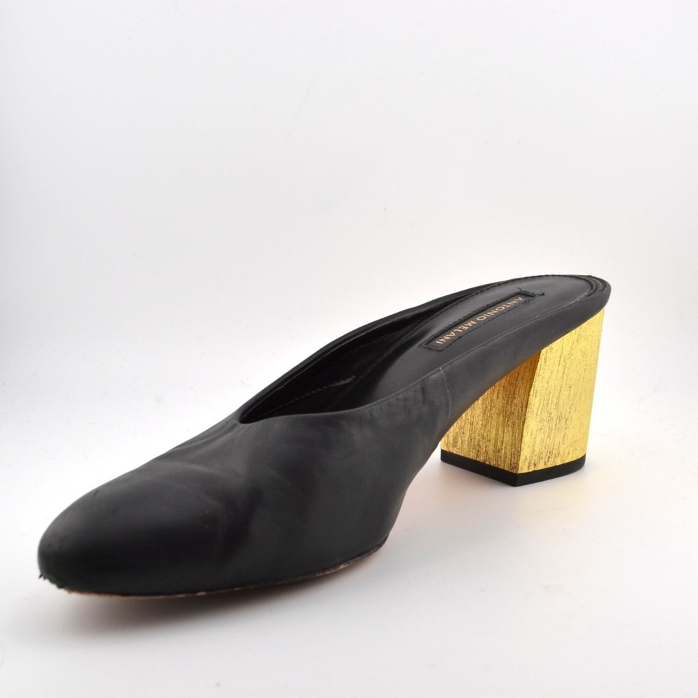 Antonio Melani Leather Mule Heels Office Evening Fall Black Gold Slip On 8.5 - Picture 4 of 9